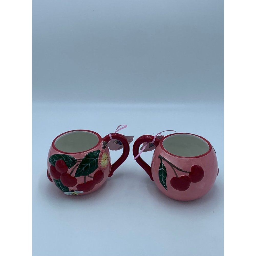 Blue Sky Clayworks Pink Ceramic Mug Cherries with Bee and Flowers Set of 2 Mugs